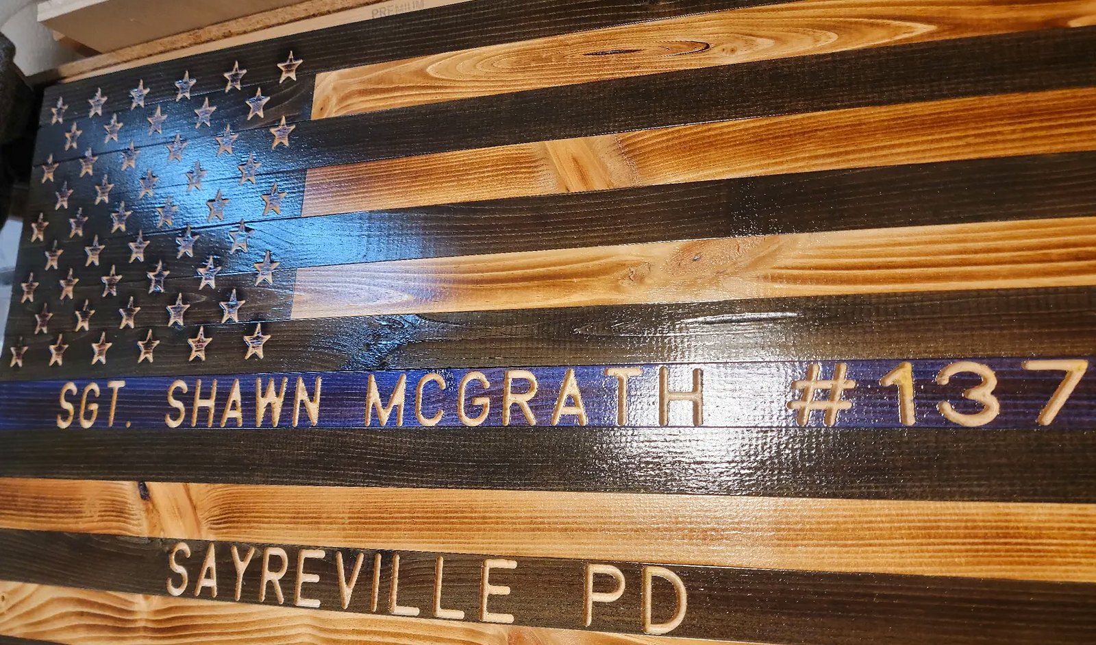 Blue line flag engraved SGT. Shawn McGrath #137, Sayreville PD